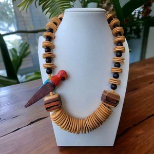 Vintage Statement Chunky Necklace Hand Carved Wood Bead Tropical Parrot 22" Long